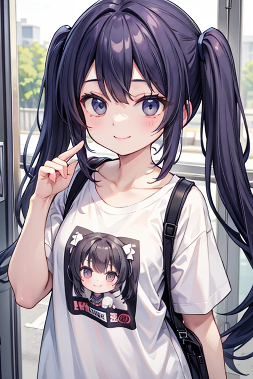 Elementary school girl, 8-year-old, Large Breasts, Black Hair, Long Hair, Purple eyes (One person) The upper body is plain white, Short sleeveTshirt, Navy blue mini skirt, White panties((I can see her panties)) White socks girl'S Room Are standing ((I can see her panties)) Dynamic angle Low angle