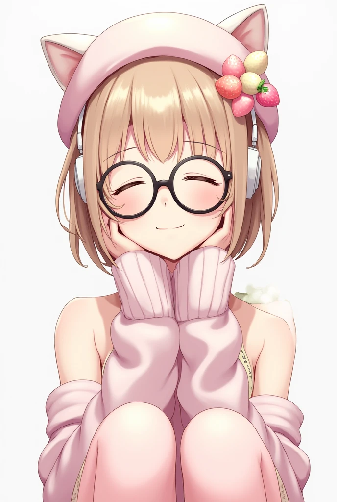 Female character with short hair with bangs, light brown hair, closed eyes and a beret with white cat ears and pastel pink strawberry decorations and black round glasses and with sleeveless clothing and pastel pink legwarmers and with white warmer headphones.