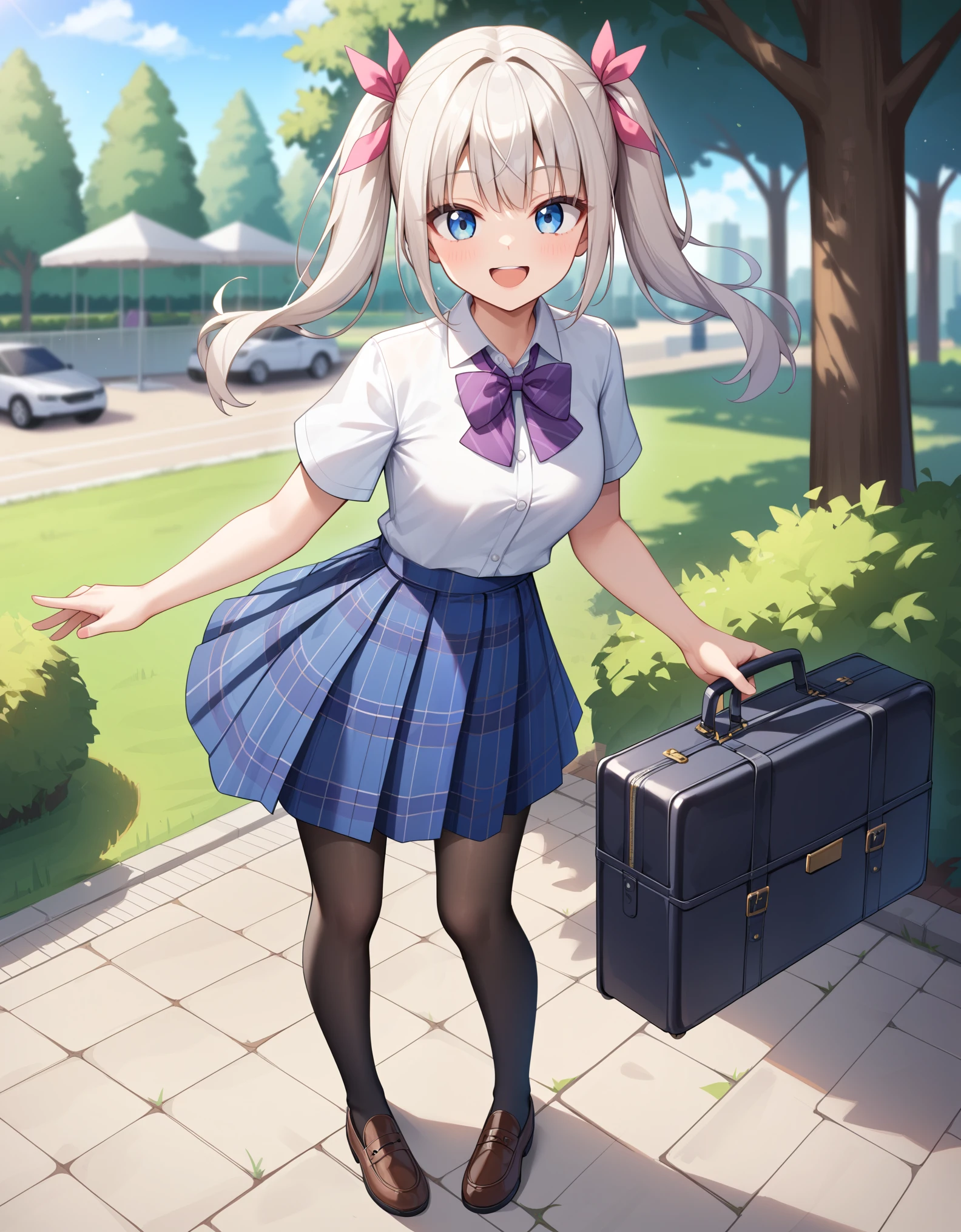 masterpiece, best quality, highly detailed, ultra high res, 1girl, smile, happy, brown hair, twintail, white hair ribbon, blue eyes, high school girl, wearing white collared shirt, short sleeves, purple bowtie, plaid skirt, purple plaid skirt, wearing black pantyhose, brown shoes, standing, fullbody, outdoor, park, holding briefcase, blue briefcase, holding briefcase on hands