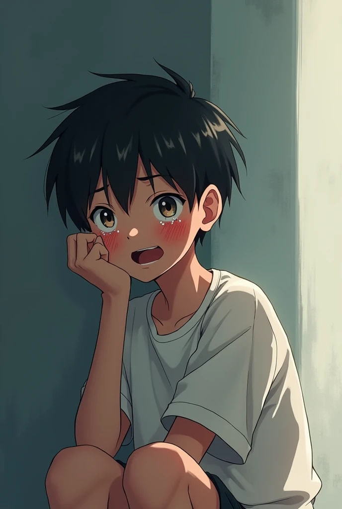 Anime teenage boy crying inconsolably 