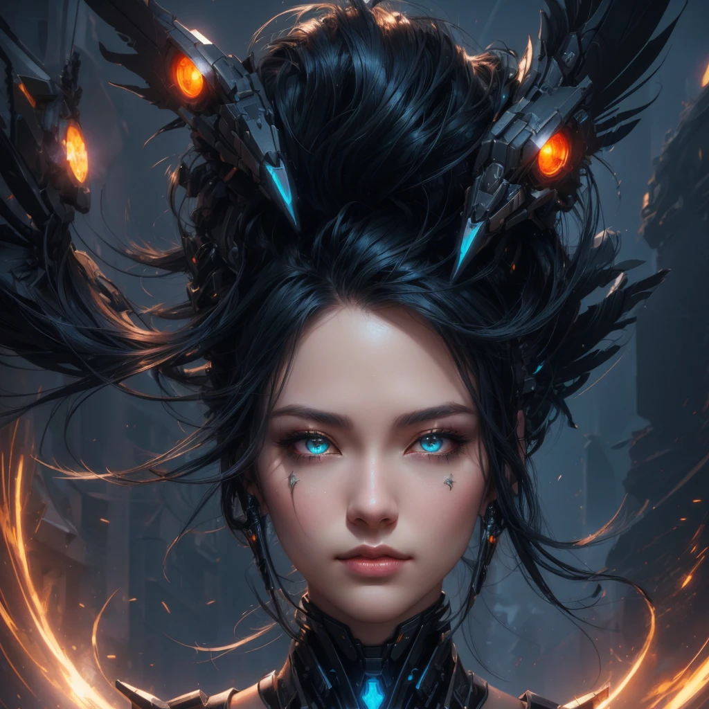 mecha raven style hairs, steel mechanical raven head with hairs, sci-fi, a close up of a woman - sci-FI with a sci fiorer on her face, Mechanical raven IN HAIRS, glowing light feathers in hairs, fiol glowing eyes, hd , cinematic, cinematic light, dinamic, rossdraws portrait, fantasy concept art portrait, wojtek fus, rossdraws 2. 0, rossdraws 1. 0, rossdraws digital painting, epic fantasy digital art style, cgsociety portrait, rossdraws global illumination, :: rossdraws, alexandra fomina artstation