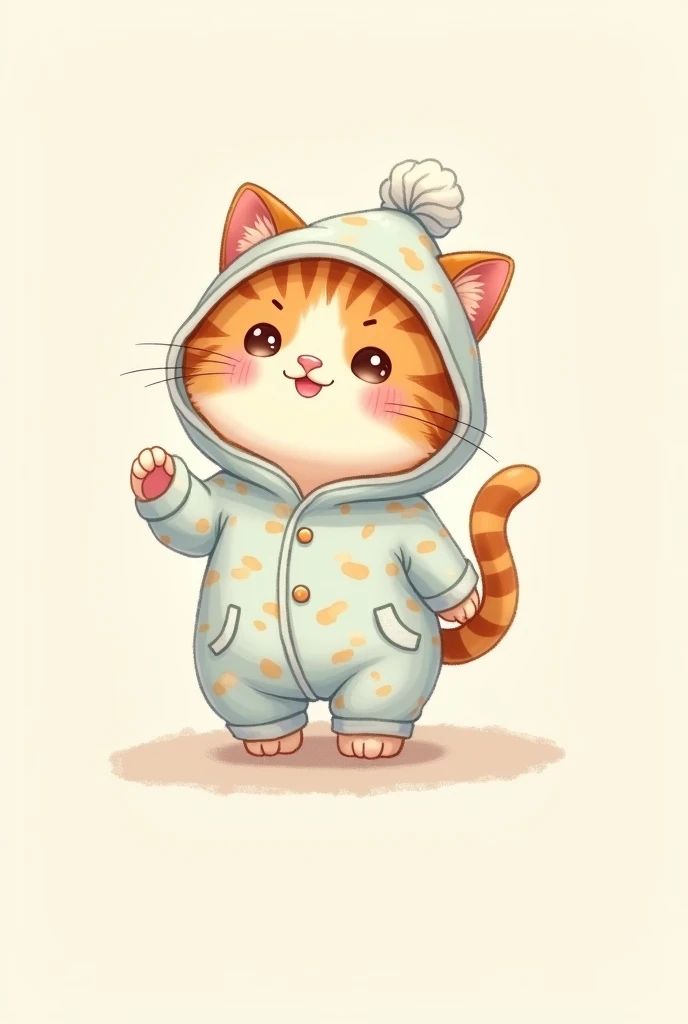 Create an animated illustration of a cat wearing pajamas with a hat, that a print can be made with this , a little simpler