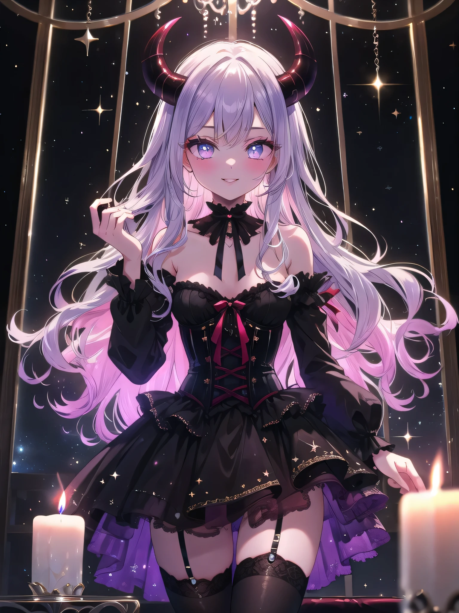 ((8k, Highest quality, masterpiece: 1.3)),Ultra-high resolution,(1 girl, alone), (Color changing eyes, Ultra-detailed, Expressive brilliance, Glitter, Glowing Eyes), Highly detailed eyes, Highly detailed face, Random Hair, ((pastel colour)),A sultry young woman with pastel lavender hair styled into soft waves, leaning against her bedpost in her dimly lit bedroom during a quiet evening. She is dressed in a provocative succubus cosplay, wearing a form-fitting black and red corset, thigh-high stockings, and a pair of small devil horns on her head. The camera captures her from a low angle as she gazes seductively at the camera, her lips curled into a teasing smile. The room is dark, with only the soft glow of candles illuminating the space, creating an intimate atmosphere with velvet curtains and plush cushions scattered around.