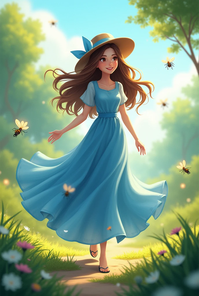 the in the blue long dress, with long brown hair, round hat with the blue ribbon is walking happily at with one ant, one bee and one firefly.