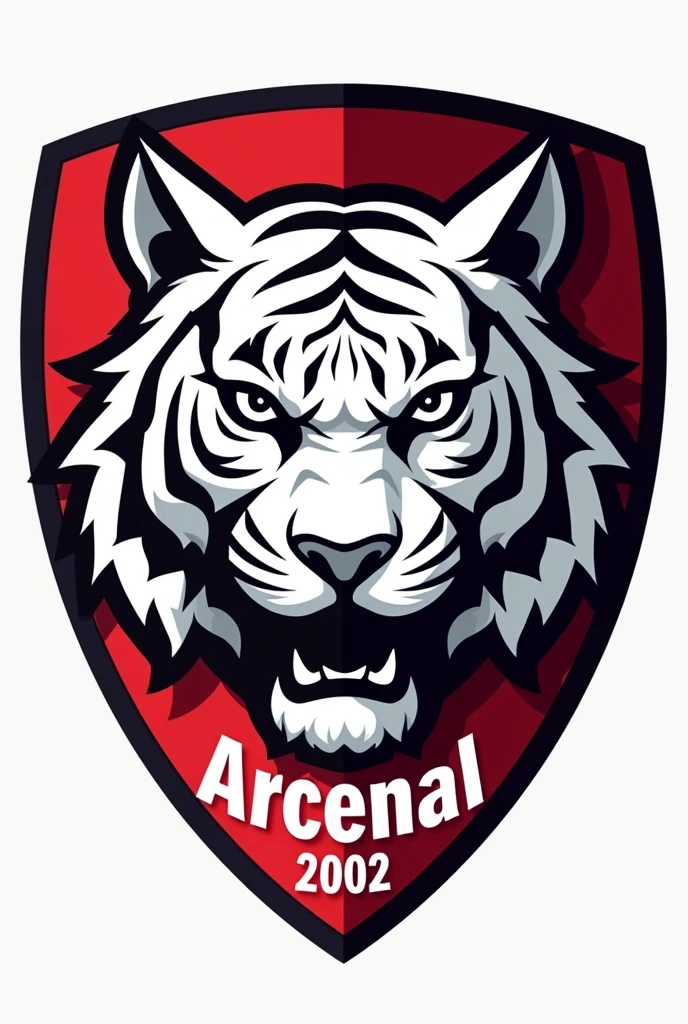 Create a logo of a white tiger's face for a football team. Make it a shield. Put a small font that says: Arcenal and below 2002. Turn it pgn