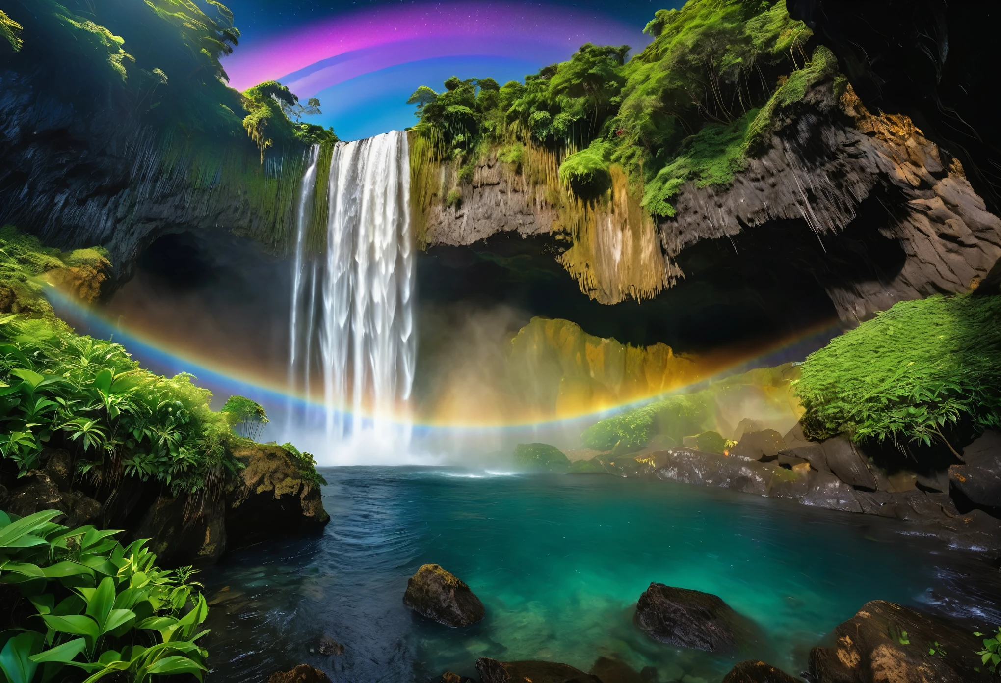 Enchanting, golden, colorful ,A scene of a huge sparkling waterfall in the center of a mysterious island。The water flowing from the waterfall creates a rainbow、The surrounding rocks and plants reflect the light and sparkle.。There is a mysterious cave deep inside the islanint light is leaking from inside。The sky is filled with stars、The moonlight softly illuminates the entire island.。32K UHD