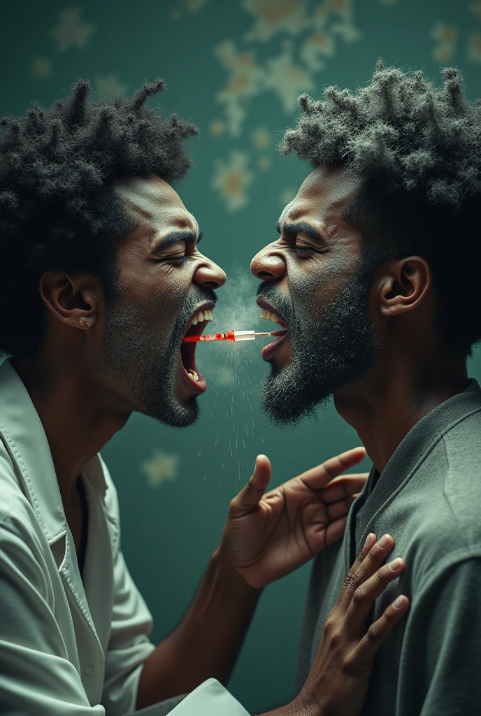 two black friends snorting a lot of white powder a lot a lot a lot of white powder and a nurse giving one of them the red vaccine