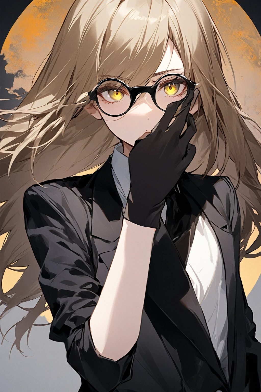 women, 26 years, tomboy, short shoulder length light brown hair with much longer bangs covering the right side of her face, empty yellow eyes, He wears an elegant black male suit, half moon glasses, Shows an intimidating attitude and a sharp look, solo girl, short brown hair.