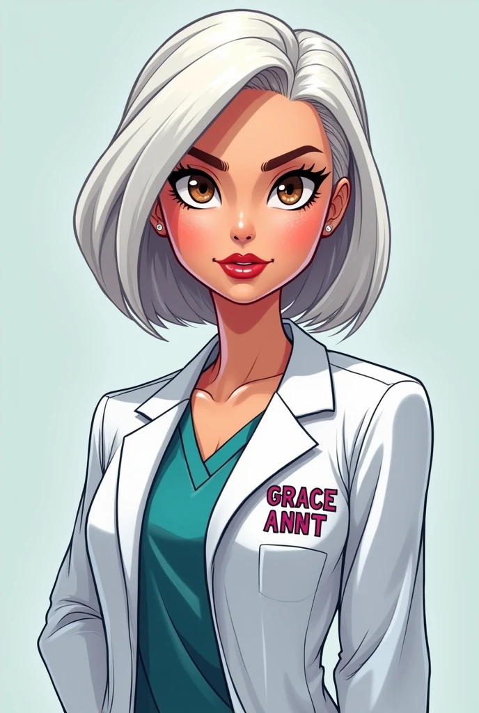 Barbie cartoon style, intimidating look, brown eyes ,female doctor with short white hair to shoulders ,under the name of GRACE ANNT  ,embroidered on his robe on one side 