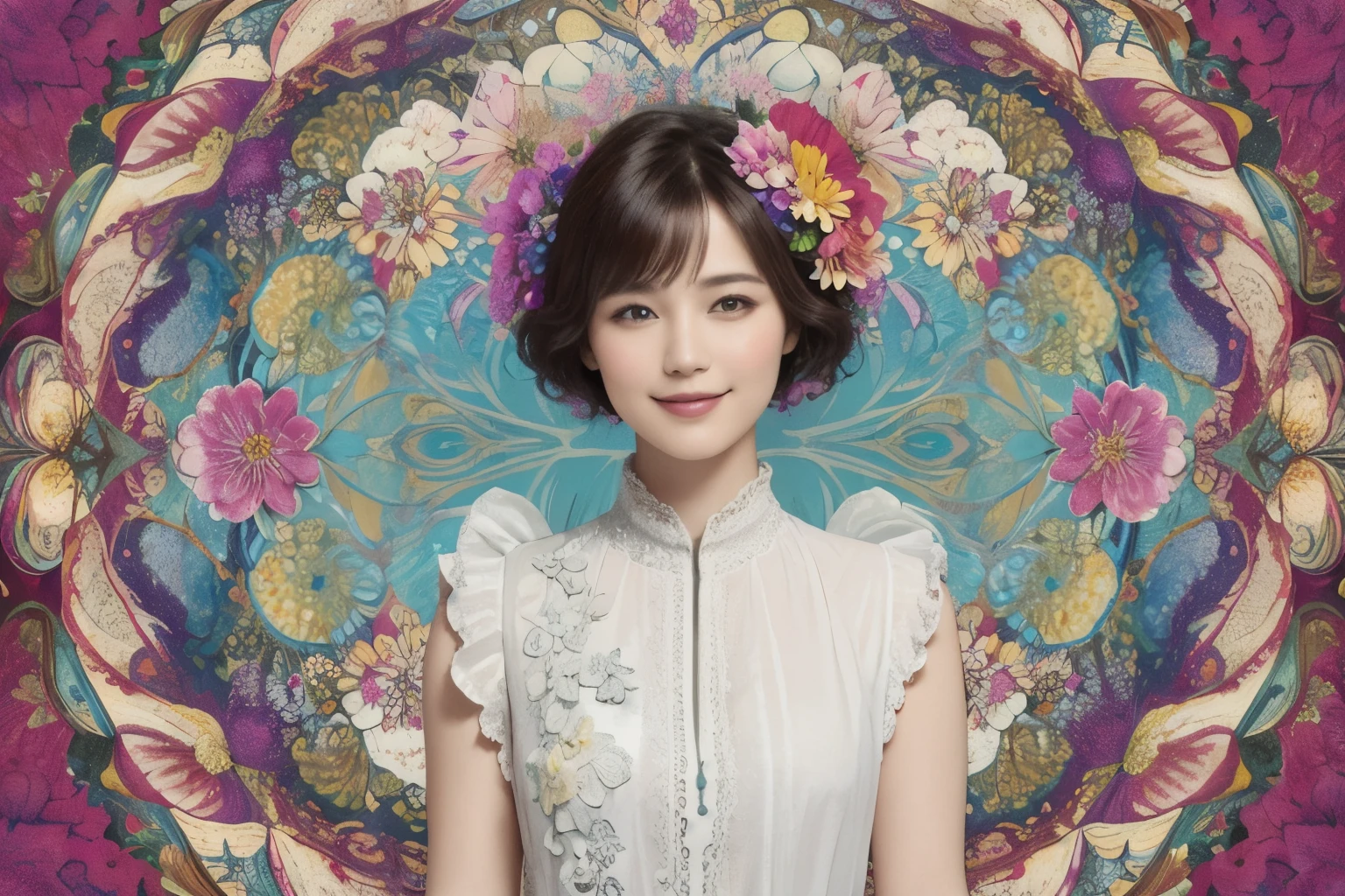 271 (20-year-old woman,short hair), (masterpiece, Highest quality, beautiful:1.2), Very detailed, (Fractal Art:1.1), (colorful:1.1), (flower:1.3), whole body, (Abstract background:1.3), (Many colors:1.4), (Old-fashioned smile), (window)
