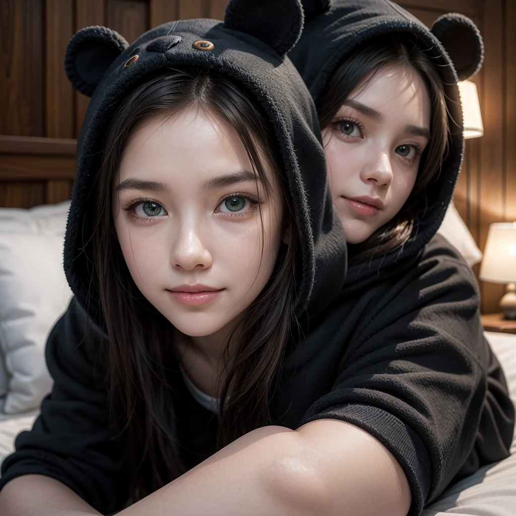 comely, (work of art), best qualityer, (extremely detailded face), extremely detailded eyes, perfect lighting, broad detail, detailded, deep skin,texturized skin,
,bear costume ,black bear costume, long sleeves, hood,,malva , long hair, greeneyes, great smile,on the bed ,sitting between pillows,
,