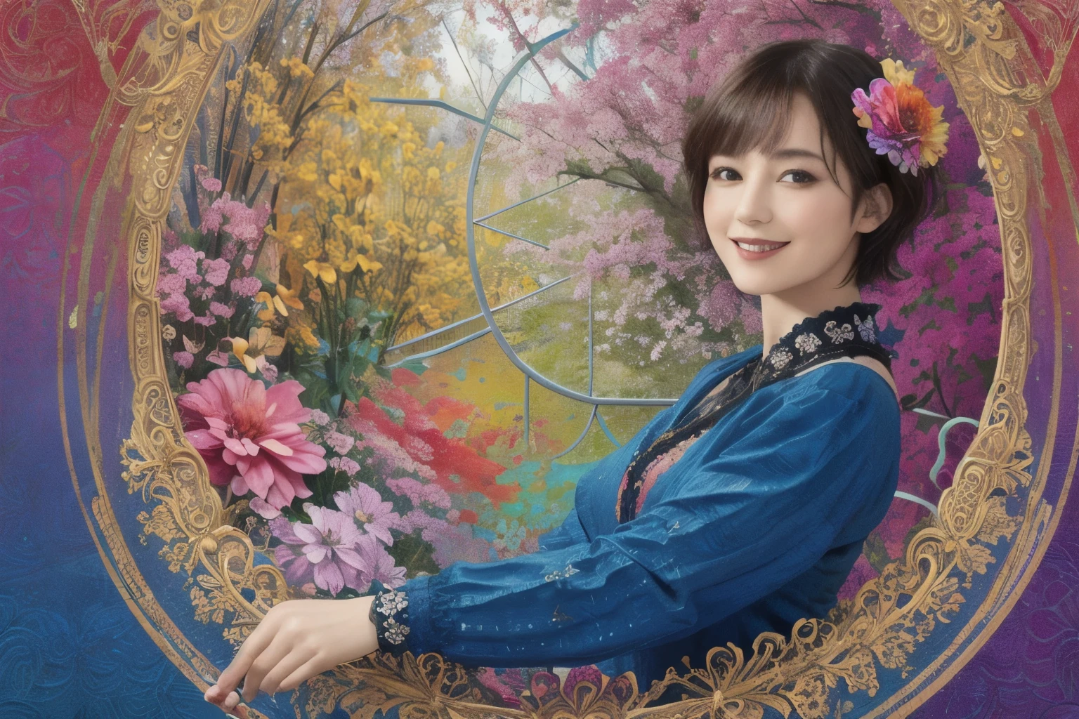 271 (20-year-old woman,short hair), (masterpiece, Highest quality, beautiful:1.2), Very detailed, (Fractal Art:1.1), (colorful:1.1), (flower:1.3), whole body, (Abstract background:1.3), (Many colors:1.4), (Old-fashioned smile), (window)