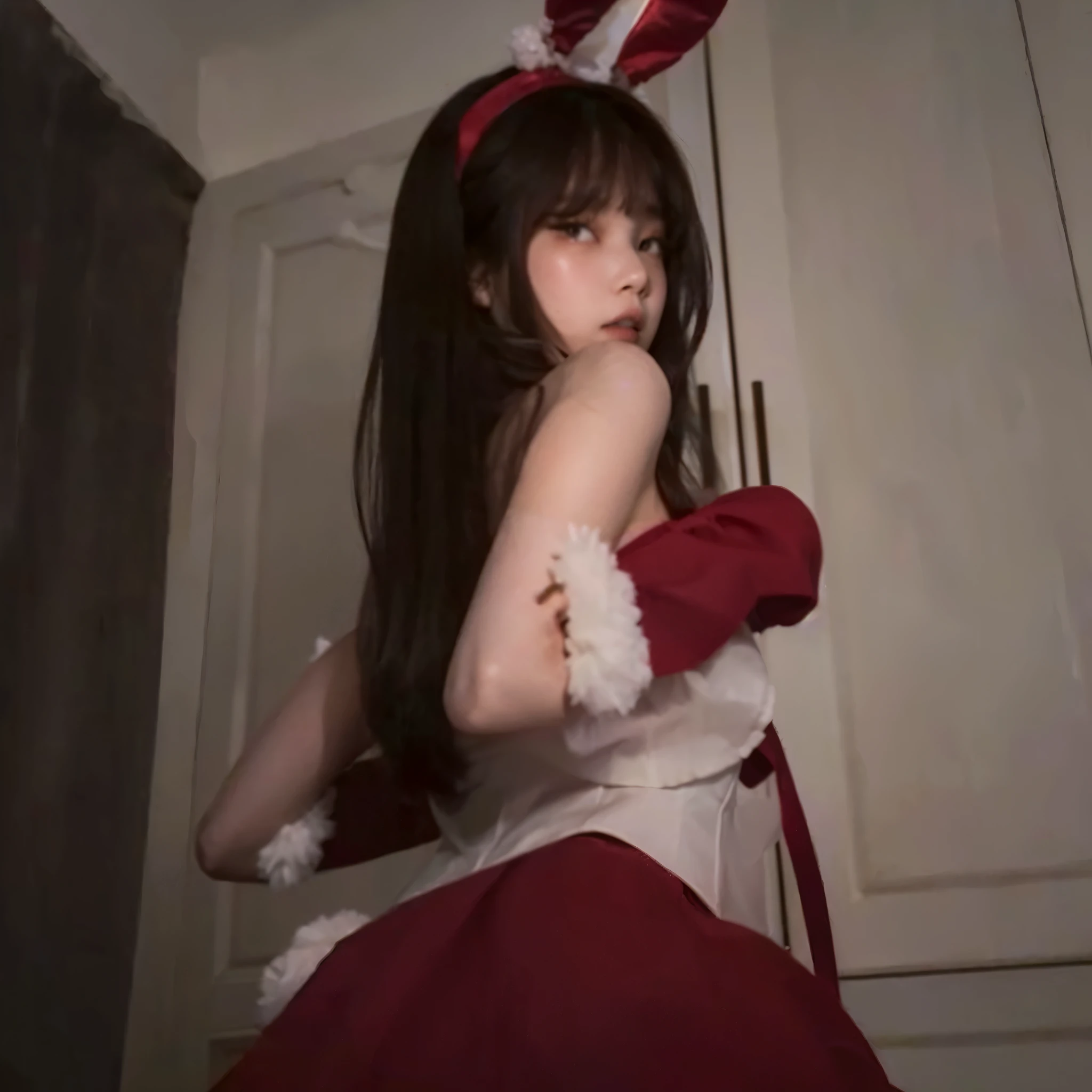 korean woman, dressed as a rabbit, red skirt with a white pompom at the back,White blouse with red bow,Lucas red with white edges red tiara and back tilted to the right side looking in the same direction he is tilted , jennie blackpink