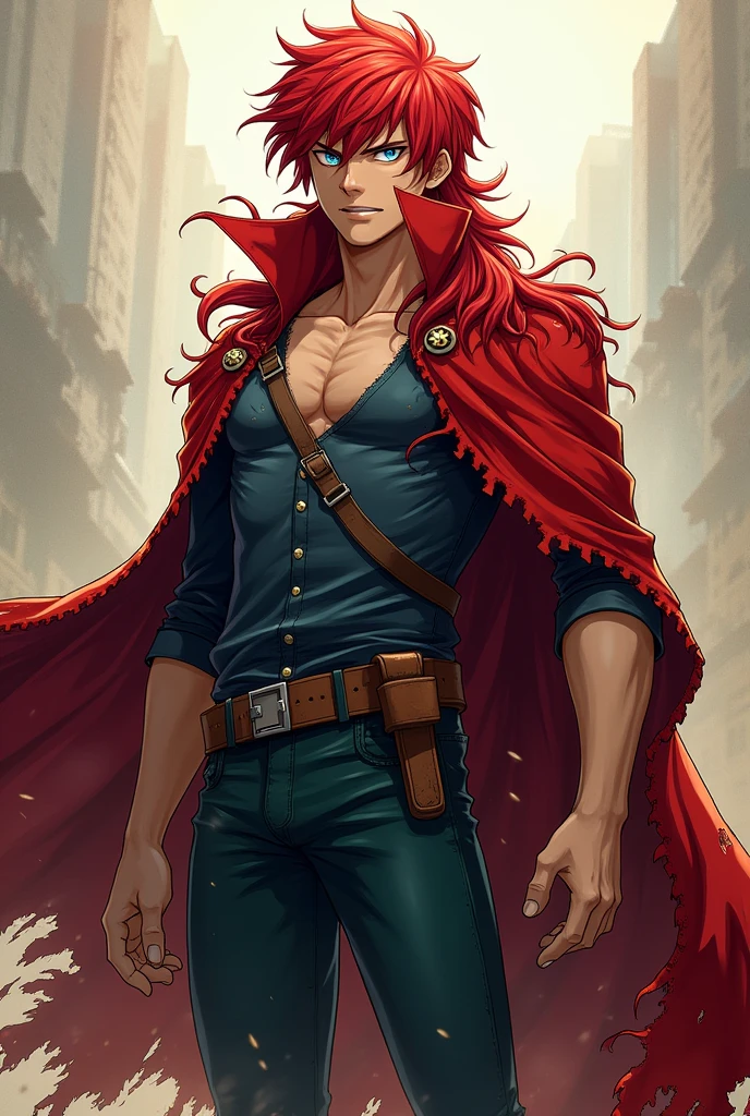 anime boy my hero academia red hair with blue eyes long hair white skin red cape torn and dirty tall