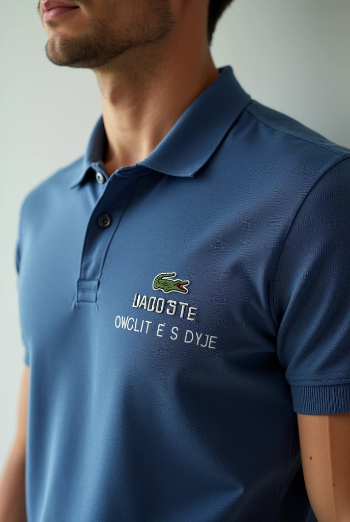 A shirt with a Lacoste embroidery on the chest of the men&#39;s shirt and two initials &quot;M and É&quot; below the Lacoste embroidery 

