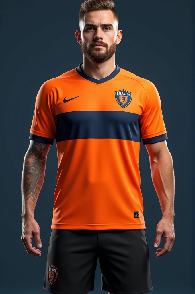Custom soccer uniform in primary color orange, with dark blue horizontal stripe and black shorts, with a shield on the left side of the chest with the words bela vista written on it