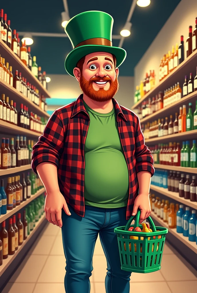 Create an illustration for a 25 cm high by 40 cm wide sign. The image should show a young, slightly overweight man in his 60s wearing a green top hat and a slightly red beard., but leaning more towards brown black and red plaid shirt, not cartoon style, with short brown hair and a friendly smile. He is wearing a green shirt and jeans.. The man is in the aisle of a modern market, illuminated with warm and inviting colors. On the shelves in the background, there is a variety of drinks arranged neatly, like wine bottles, beer and soft drinks.
The man is holding a green shopping basket in his right hand, which is full of different bottles and products. The basket must be clearly visible, standing out in the image. The man's expression is relaxed and satisfied, showing the comfort of using the basket to carry your shopping.
On top of the plate, include the sentence in bold and with a legible and friendly font: 'Your hands deserve a rest. Grab a basket and shop in comfort'. The text must be in Brazilian Portuguese and aligned to complement the image., without overloading the scene.
The overall design should be colorful, with an artistic style that is both modern and playful, using a bright, contrasting color palette that captures customers' attention and encourages them to use the baskets available. The composition must be balanced, focusing on both character and message, creating a harmonious and effective image.