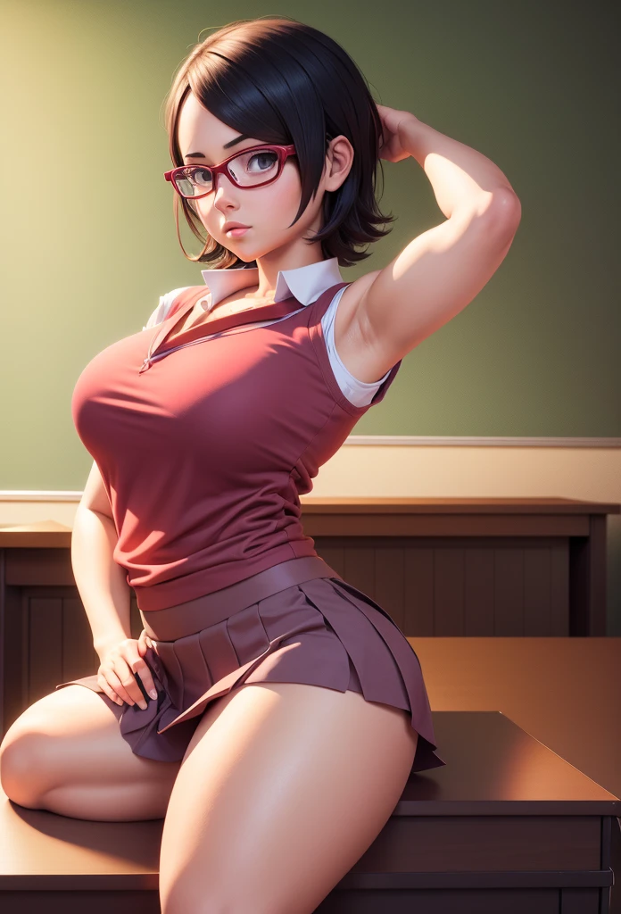 (dark skin:1.88),(slut teacher:1.38)、(lewd grin:1.4)、(looking at camera:1.5)、(dynamic pose:1.35),perfect beautiful breasts(glamorous figure:1.2)、(slutty makeup:1.25)、(eyeliner、mascara、false eyelashes).(Blonde Undercut Hairstyles:1.15),Sexy, revealing pink strapless shirt、String high leg panties、Random color frilled knee socks、high heels、round earrings