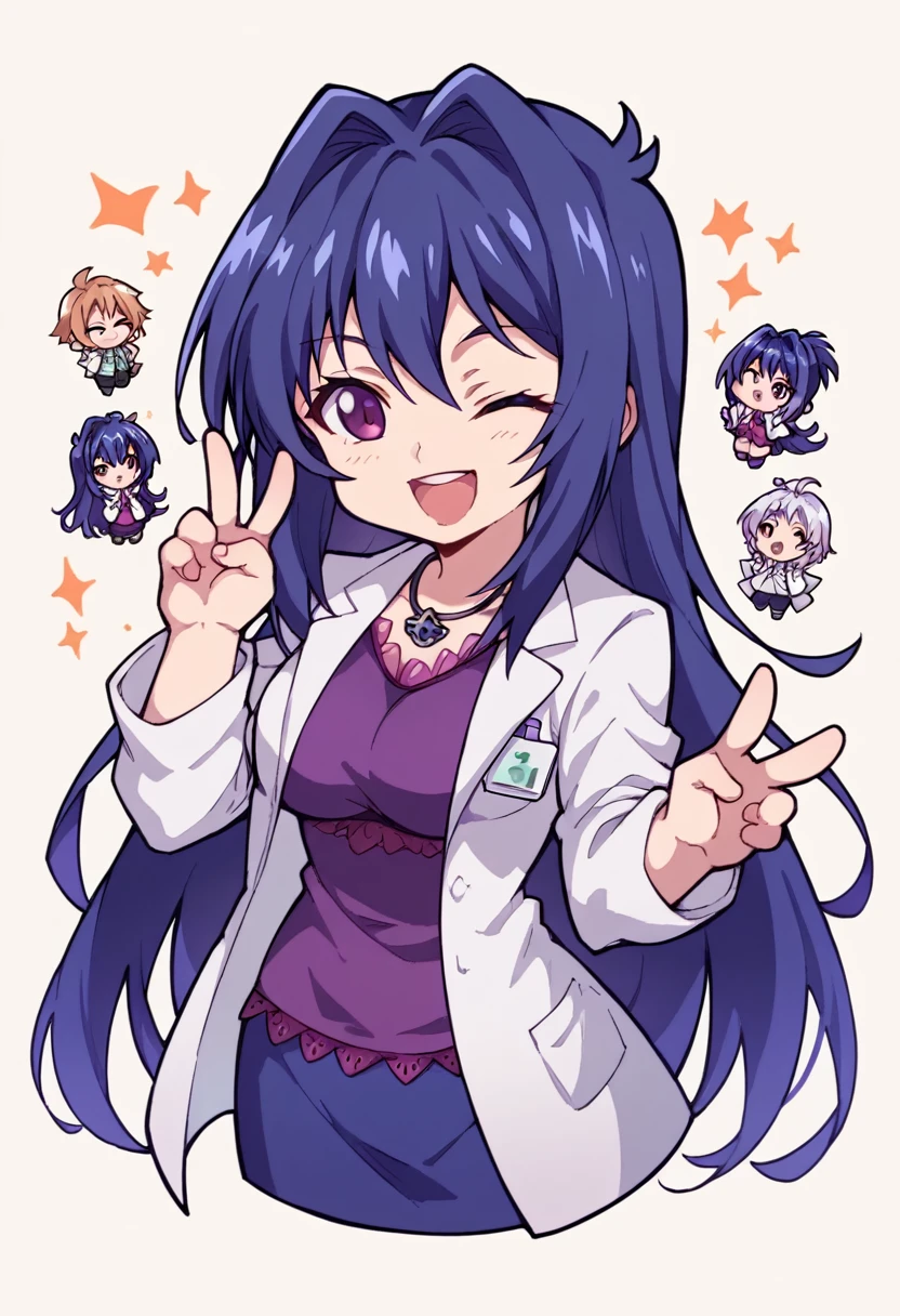 aki nijou,labcoat,open coat,purple blouse,miniskirt,chibi,(two fingers in V,symbol of love and peace),winking and smiling 