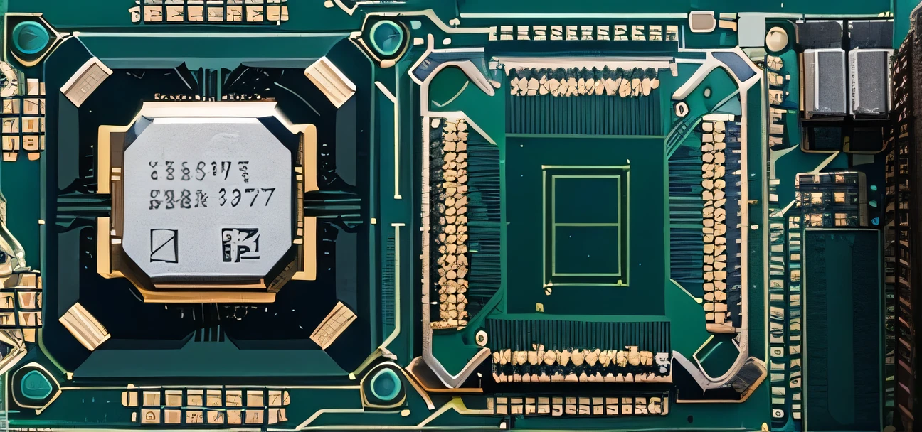 A high-end chip is embedded on the circuit board,The whole picture is full of technology,Color saturation,attractive,You can feel it is a high-tech product