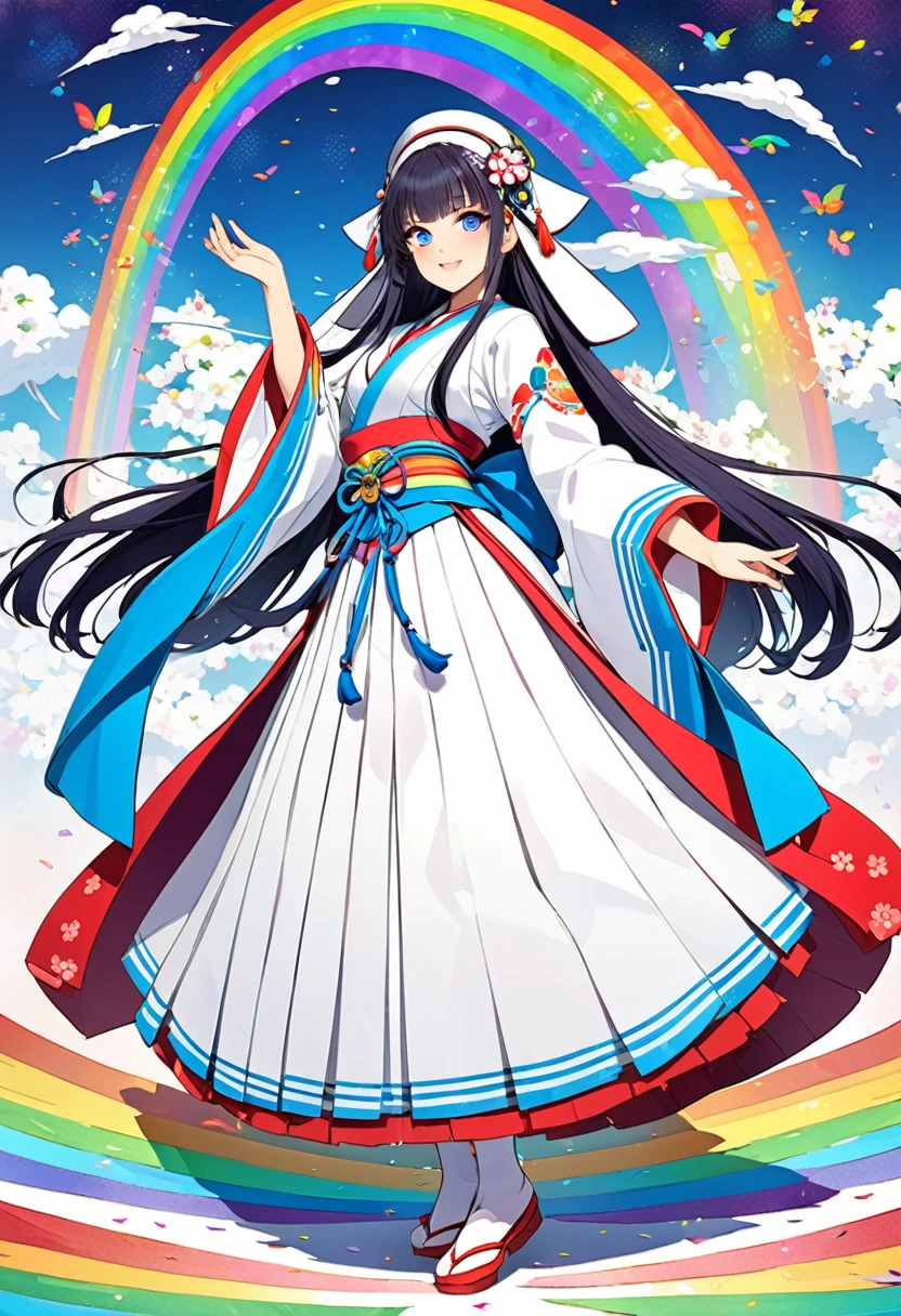 Shrine maiden、Half blue long hair、Full body portrait、beautiful girl、Long-hemmed outfit、Rainbow Eyes、Powerful eyes、Shrine maiden鈴を持つ、Dancing Kagura Dance、Sacred