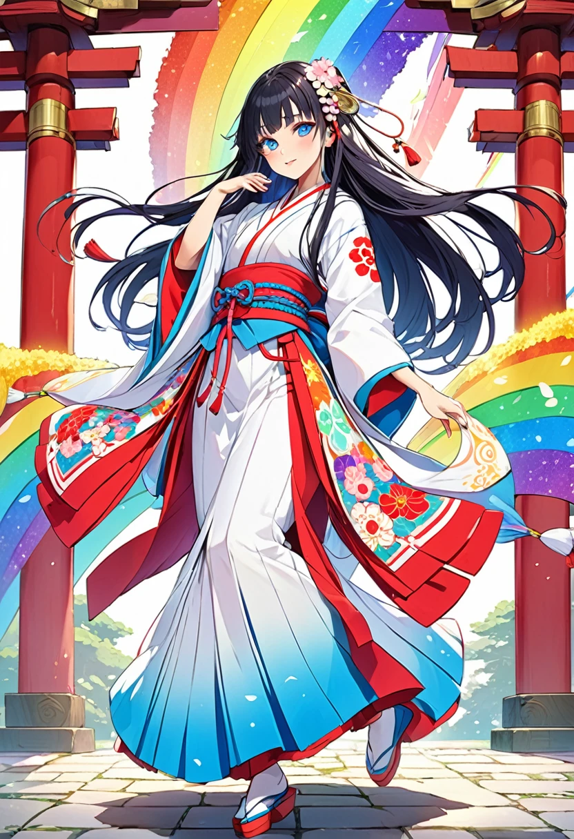 Shrine maiden、Half blue long hair、Full body portrait、beautiful girl、Long-hemmed outfit、Rainbow Eyes、Powerful eyes、Shrine maiden鈴を持つ、Dancing Kagura Dance、Sacred