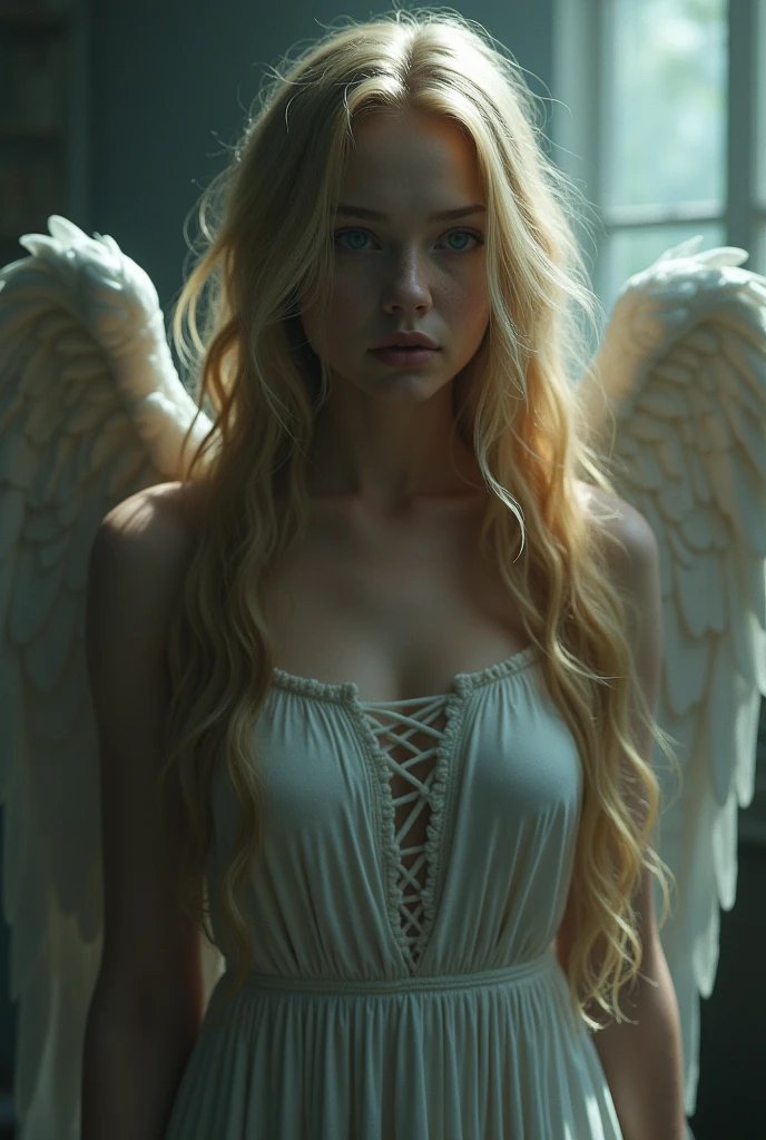 Beautiful adult angel girl with beautiful long blonde hair chaos around her ((beautiful render)) ((worked out person)) ((detailed skin)) ((gloomy atmosphere ))