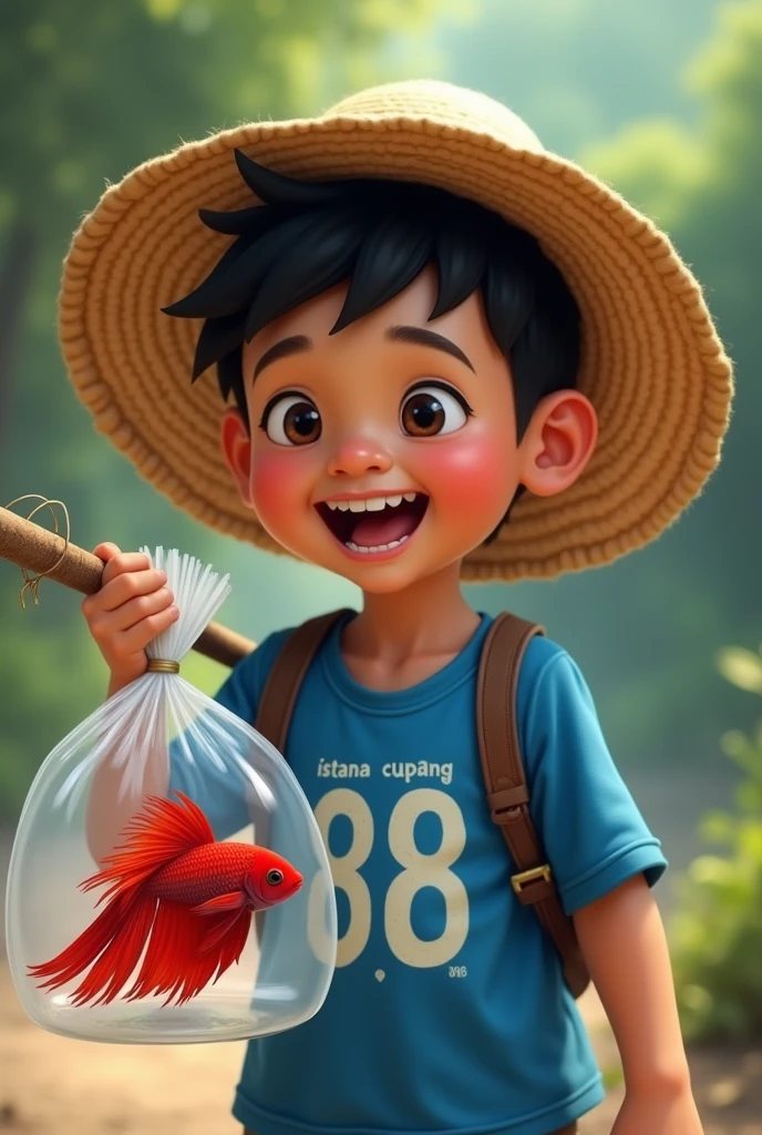 The boy wearing straw hat and carrying one betta fish in plastic bag, smiling broadly and carrying net stick, wearing blue shirt with 88 written on it and "istana cupang" written on it