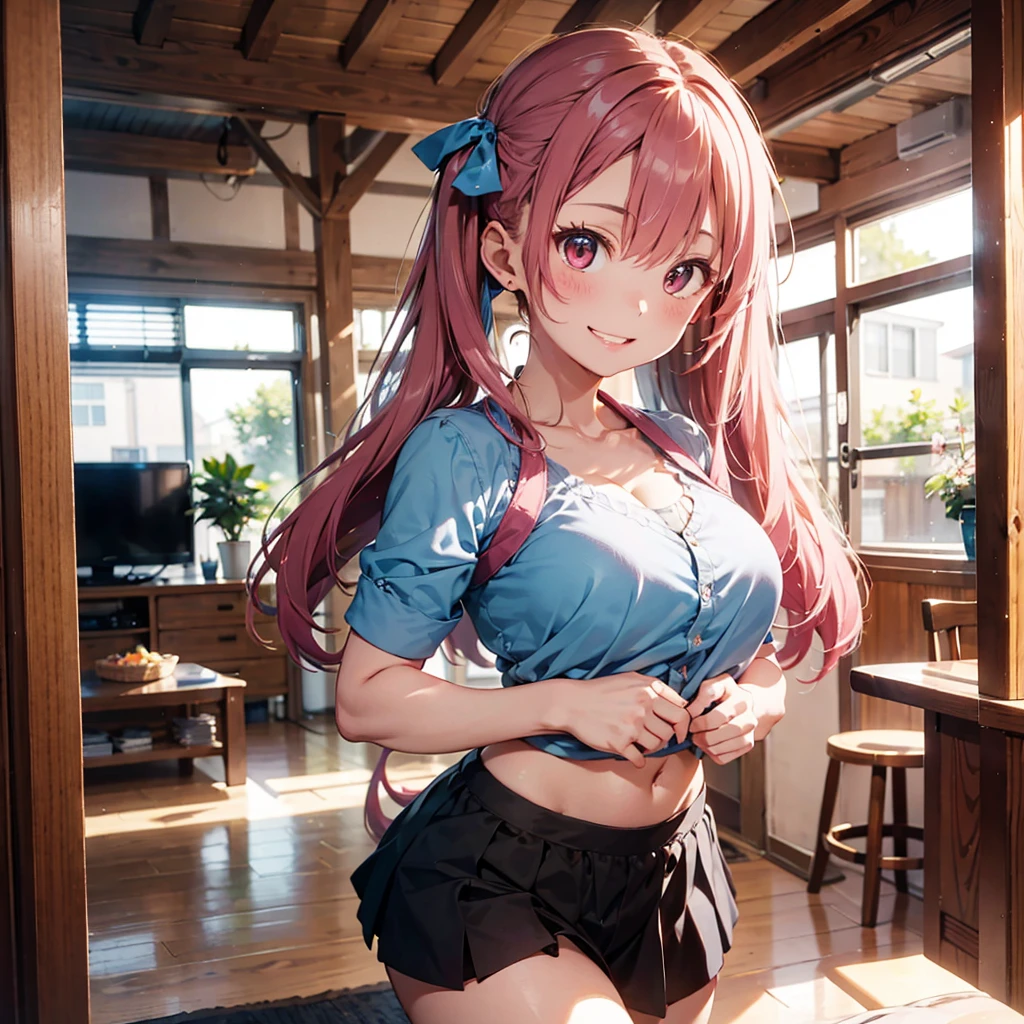 best quality, masterpiece, extremely detailed CG, official art , professional lighting, detailed background, sakimiyairuka, red hair, green eyes, one side up, medium hair, green scrunchie, hair ornament, gleaming skin, big breasts, groin, micro bikini, smile, 