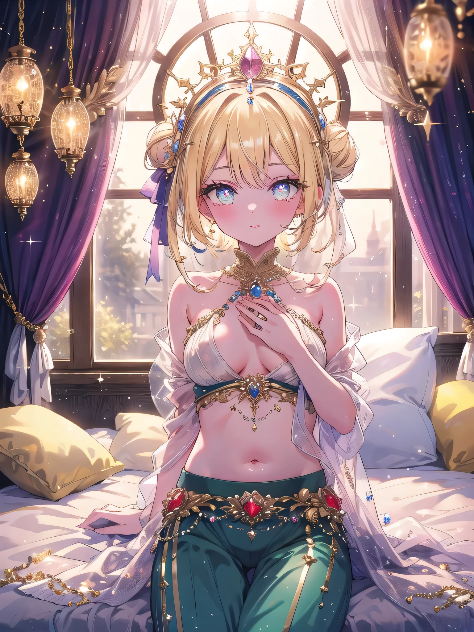 ((8k, Highest quality, masterpiece: 1.3)),Ultra-high resolution,(1 girl, alone), (Color changing eyes, Ultra-detailed, Expressive brilliance, Glitter, Glowing Eyes), Highly detailed eyes, Highly detailed face, Random Hair, ((pastel colour)),A flirtatious young woman with pastel yellow hair styled into a messy bun, reclining on her bed in her softly lit bedroom during the late afternoon. She is dressed in a seductive genie cosplay, wearing a sheer harem pants, a cropped top with golden details, and a jeweled headpiece. The room is filled with warm, golden light, with silk curtains, plush pillows, and a few exotic decorations, creating an atmosphere of magical allure.(nsfw:1.1)