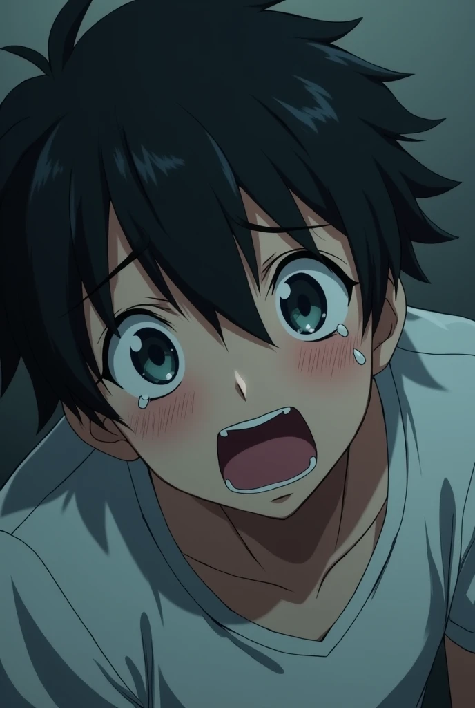 Anime teenage boy crying inconsolably