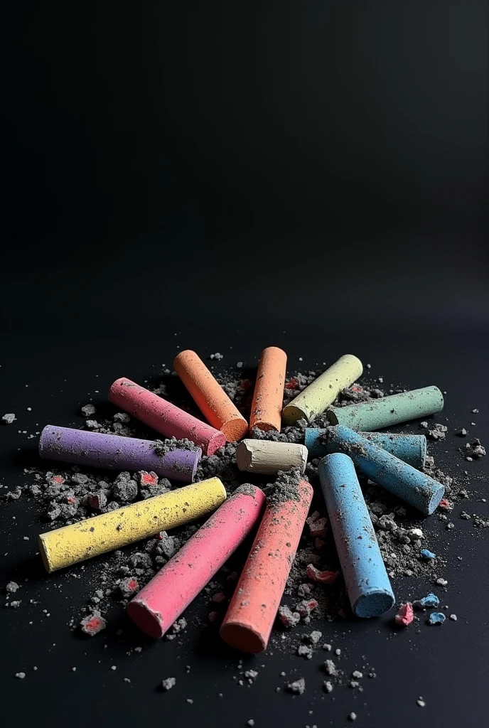 A drawing with a black background of broken colored chalks lying on the ground with ashes