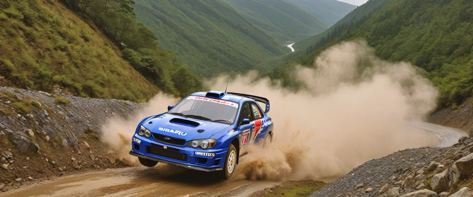 (1 set, 1997 Subaru Impreza WRC、Redesigned by Peter Stevens), Paved roads(Concrete-filled road),Generates images of a Subaru Impreza WRC racing through a mountain pass during a rally race。, Splashing water,it's raining, Fallen leaves scatter, Vibrant greenery provides a spectacular backdrop. The car's aggressive styling、It should bring out a sense of speed and adrenaline.。. Highest quality, Genuineistic, photograph, Very detailed, 8k, High resolution, photoGenuineism, Naturalistic, Real, RAWphotograph,H effect,Genuine_booster