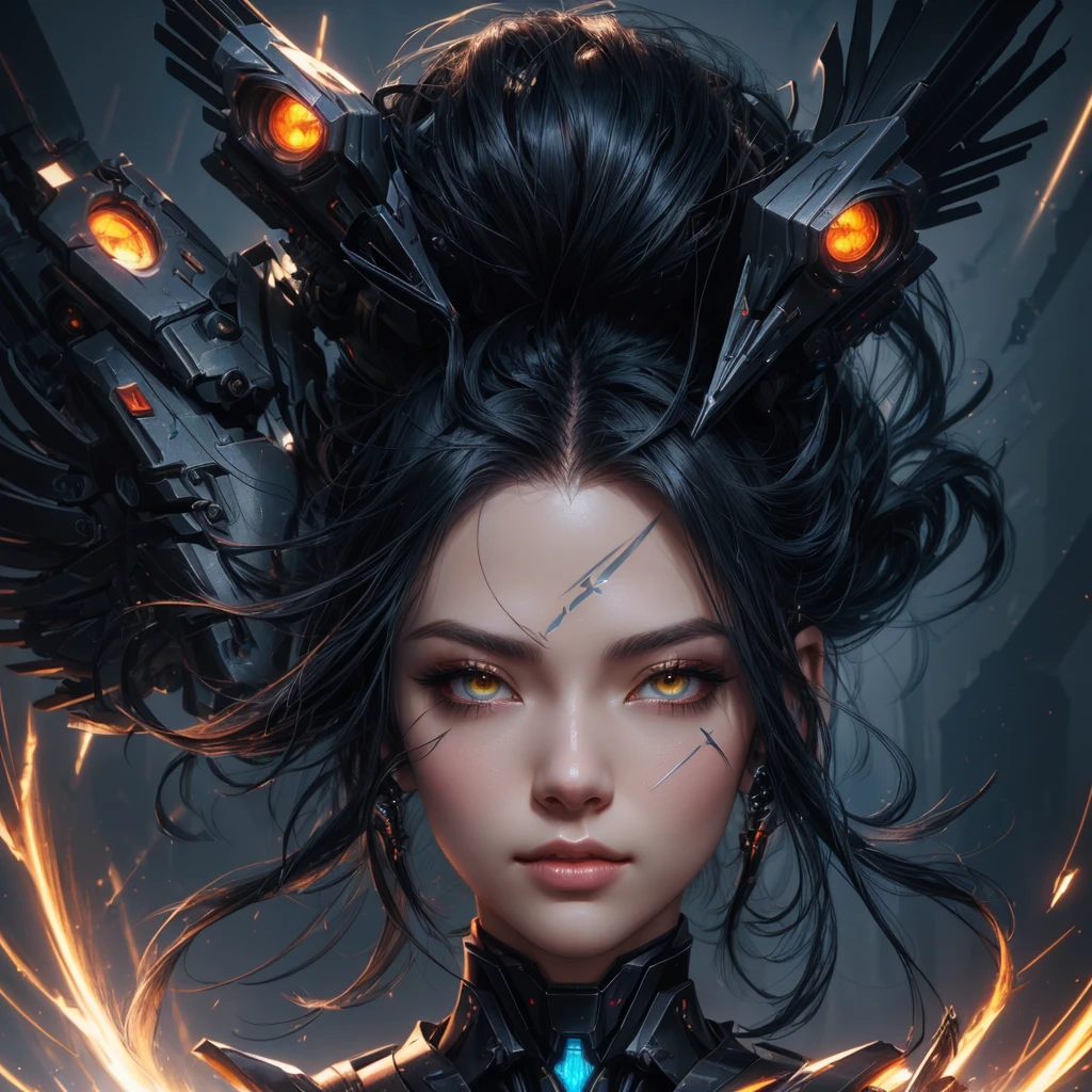 mecha raven style hairs, steel mechanical raven head with hairs, sci-fi, a close up of a woman - sci-FI with a sci fiorer on her face, Mechanical raven IN HAIRS, glowing light feathers in hairs, fiol glowing eyes, hd , cinematic, cinematic light, dinamic, rossdraws portrait, fantasy concept art portrait, wojtek fus, rossdraws 2. 0, rossdraws 1. 0, rossdraws digital painting, epic fantasy digital art style, cgsociety portrait, rossdraws global illumination, :: rossdraws, alexandra fomina artstation