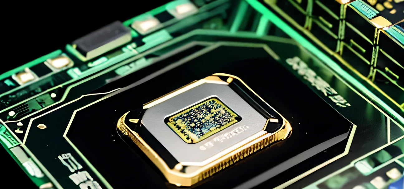 A high-end chip is embedded on the circuit board,The whole picture is full of technology,Color saturation,attractive,You can feel it is a high-tech product