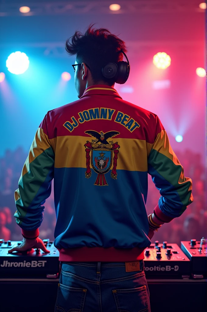 Can you create an image of a DJ with a jacket with the Bolivian flag and its shield and a text in letters that says Dj Jhonny Beat?.