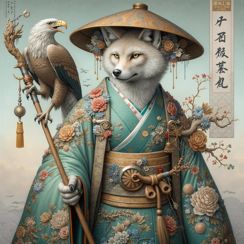 Detailed scene of a humanoid character with fox features, dressed in traditional Japanese clothing inspired by a kimono. The character wears a straw hat decorated with flowers and other elegant ornaments.. He is holding a cane or weapon, and at his side there is an eagle or falcon perched on his arm. The kimono is turquoise with intricate floral designs and gold detailing., highlighting the elegance of the character. The character's posture reflects confidence and serenity. In the background, A natural landscape is observed that could be a