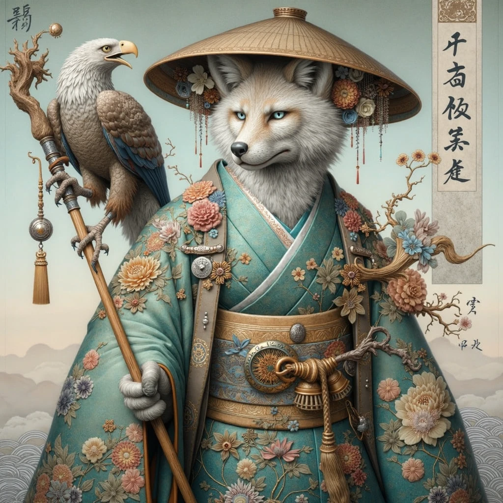 Detailed scene of a humanoid character with fox features, dressed in traditional Japanese clothing inspired by a kimono. The character wears a straw hat decorated with flowers and other elegant ornaments.. He is holding a cane or weapon, and at his side there is an eagle or falcon perched on his arm. The kimono is turquoise with intricate floral designs and gold detailing., highlighting the elegance of the character. The character&#39;s posture reflects confidence and serenity. In the background, A natural landscape is observed that could be a