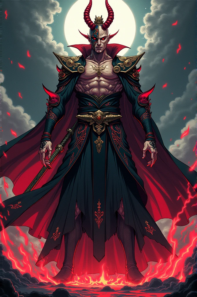 My demon form is no more than a reflection of my personality in mortal form. It is tall, lanky and lean, with pointed ears, long limbs, and sharp features. My skin is pale and smooth, devoid of much of the texture or color found in humans. I wear simple, black robes that blend into the shadows, concealing as much of me as possible. My eyes are red and menacing, with flames burning within them. Male, bara, huge male figure