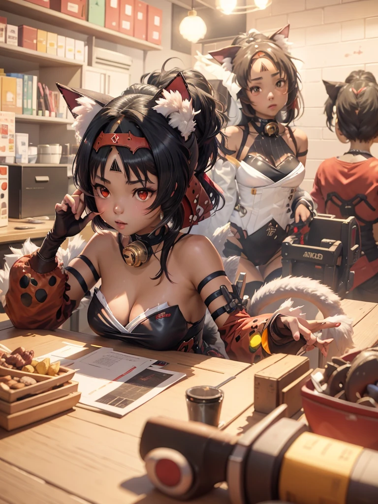 {1 Anime girl with mischievous red eyes and dark hair styled with fluffy twin tails, accented with red and white hair ornaments shaped like cat ears:0.9}, {She's lounging in a playful and relaxed pose, wearing a futuristic maid outfit in shades of red and gray, adorned with circular patterns and utility belts, a perfect blend of traditional and cyber elements:0.8}, [The setting is a cozy, cluttered room filled with various modern gadgets and anime memorabilia, giving off an otaku's paradise vibe. A robotic neon green bunny toy and an assortment of snacks and magazines scatter the table, creating a lively and personalized environment:0.7, {Artwork is rendered in a crisp, modern anime style with a high level of detail, especially in the textures of her outfit and the assortment of items around her, reflecting a vibrant, lived-in scene:0.9}, {The color scheme is warm with a dominance of red and orange, complemented by the soft lighting that highlights her playful expression and the intricate details of her costume and surroundings, enhancing the inviting and fun atmosphere of the artwork:0.8}
