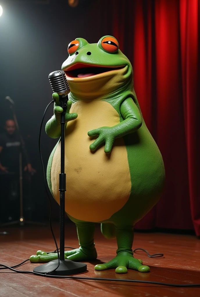 A very fat frog on a stage in oantano, singing into a microphone.