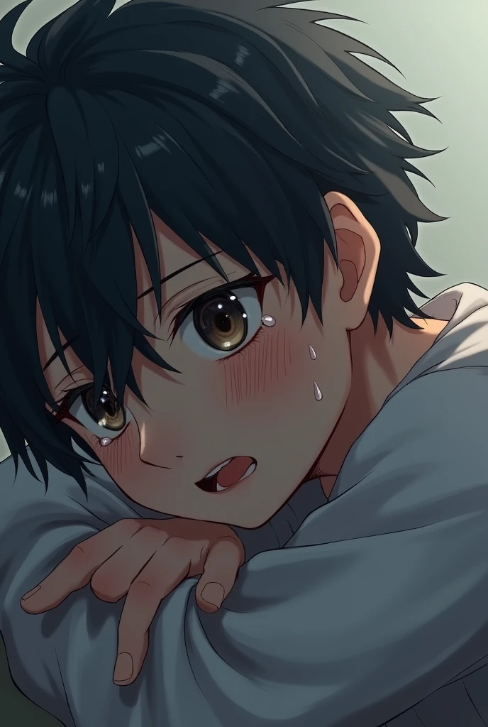 #composition (Low angle,worms-eye-view,There was a boy.), #person (A boy,Small but cute boy、Bullish personality、honor student、Good impression、Boy's hand、Knees、The thighs of a 14 year old boy、Big breasts Thin waist,Sweaty), #Boy facial (blue color eyes,Crying), #Boy's hair (His hair is jet black. He has short, Straight hair,Hairstyle is natural and neat,M-shaped bangs.), #boy cloth (His upper body,He was wearing a pair of white shorts.), #Boy's background (Blue background,White sheets), #Boy's pose (He sat flat,A hand stroked his waist,wide open thighs,Postural instability), #Boy's emotions (Bitter face,Crying,streaming tears)