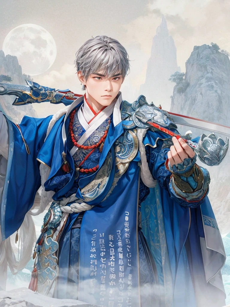 Moonlit Warrior: A powerful Asian male stands steadfast on the misty peak, bathed in soft lunar light. Traditional blue robe with intricate embroidery cinched by crimson sash, worn with silver armor pieces etched with dragon designs. Sword held firmly in right hand, his confident stance and determined expression embody ancient warrior spirit. Framing: Close-up shot of majestic figure against wispy clouds and mountain ranges at sunset, misty veil surrounding the peak. Lighting: Soft moonlight casting gentle shadows on subject's features. Composition: Warrior centered, with misty peaks and wispy clouds forming a harmonious balance around him.