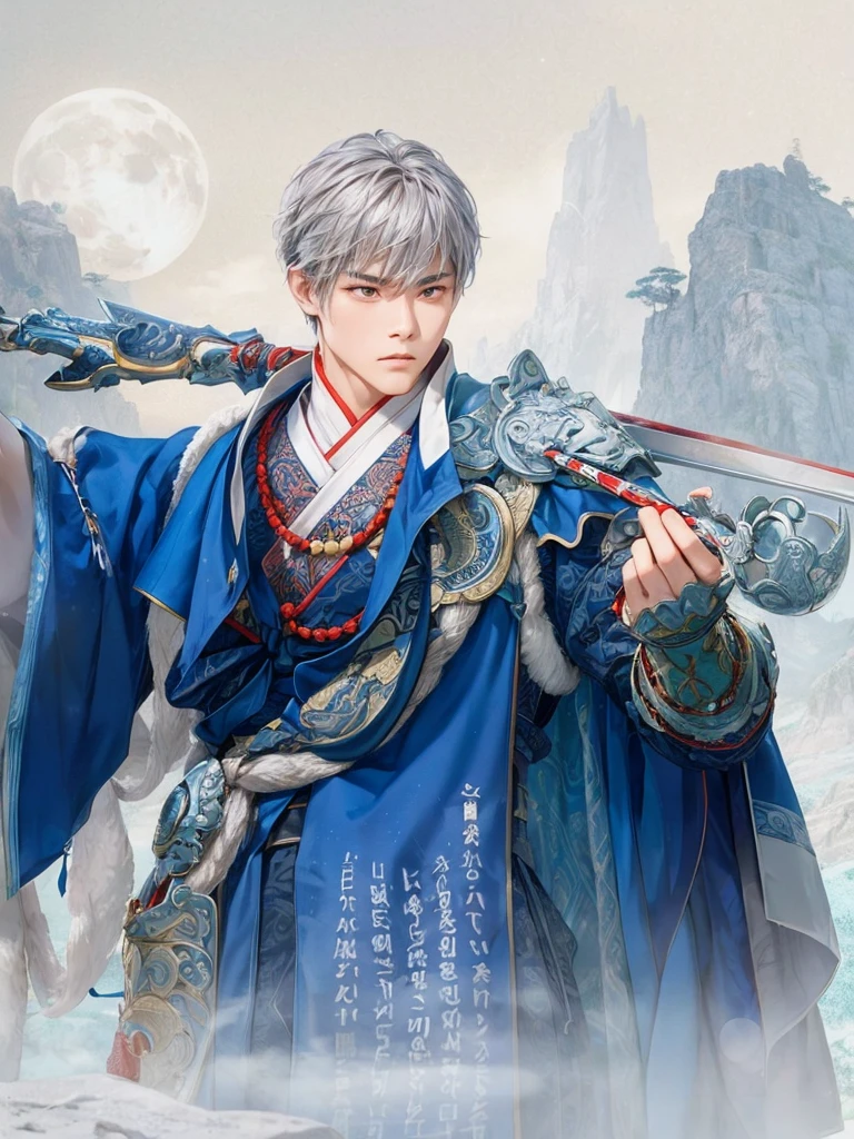 Moonlit Warrior: A powerful Asian male stands steadfast on the misty peak, bathed in soft lunar light. Traditional blue robe with intricate embroidery cinched by crimson sash, worn with silver armor pieces etched with dragon designs. Sword held firmly in right hand, his confident stance and determined expression embody ancient warrior spirit. Framing: Close-up shot of majestic figure against wispy clouds and mountain ranges at sunset, misty veil surrounding the peak. Lighting: Soft moonlight casting gentle shadows on subject's features. Composition: Warrior centered, with misty peaks and wispy clouds forming a harmonious balance around him.