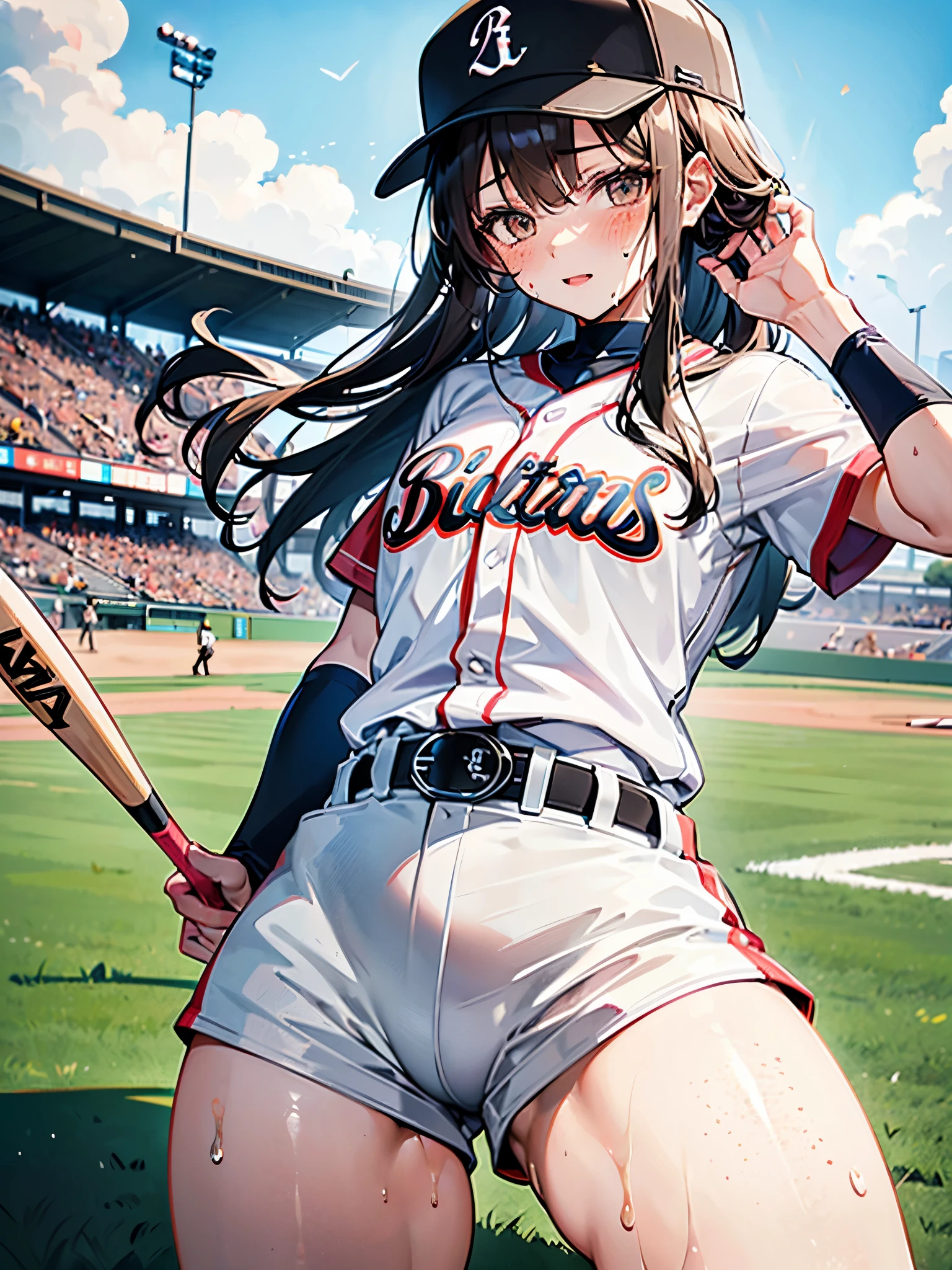 long　Brown hair　Baseball uniform　pitcher　right handed　Brown eyes　(masterpiece, best quality) (((8K best quality))), ((Intricate details)) ((blush)),wet, Sweating, White skin, Baseball cap, Freckles, ((Akimbo，Holding a baseball bat，Proud expression)),, NSFW clothing, ((Baseball uniform)), , Perspective material, student, Strike a pose, , Thick thighs, wet clothes, See through clothes, stocking, ((( Thin waist))),  cute blush face, 