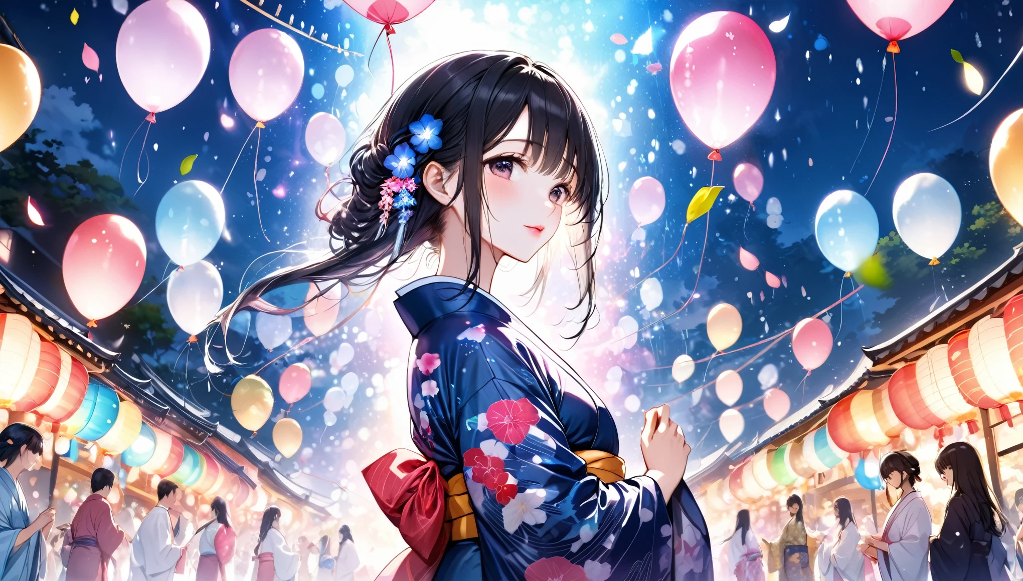 Panorama, Low - Angle,One woman, Japanese Festivals, Black Hair、Long Hair (Girl, Beauty, Moisture in Every Detail), (Glossy pink lip), Wearing a very beautiful yukata with double exposure morning glories) break, Night summer festival dance event, Many small prayer paper balloons in the background, There are no people in the background,Highest quality, 16K, Beautiful details night, Utopian performance, arm behind back, View your viewers, Hands down