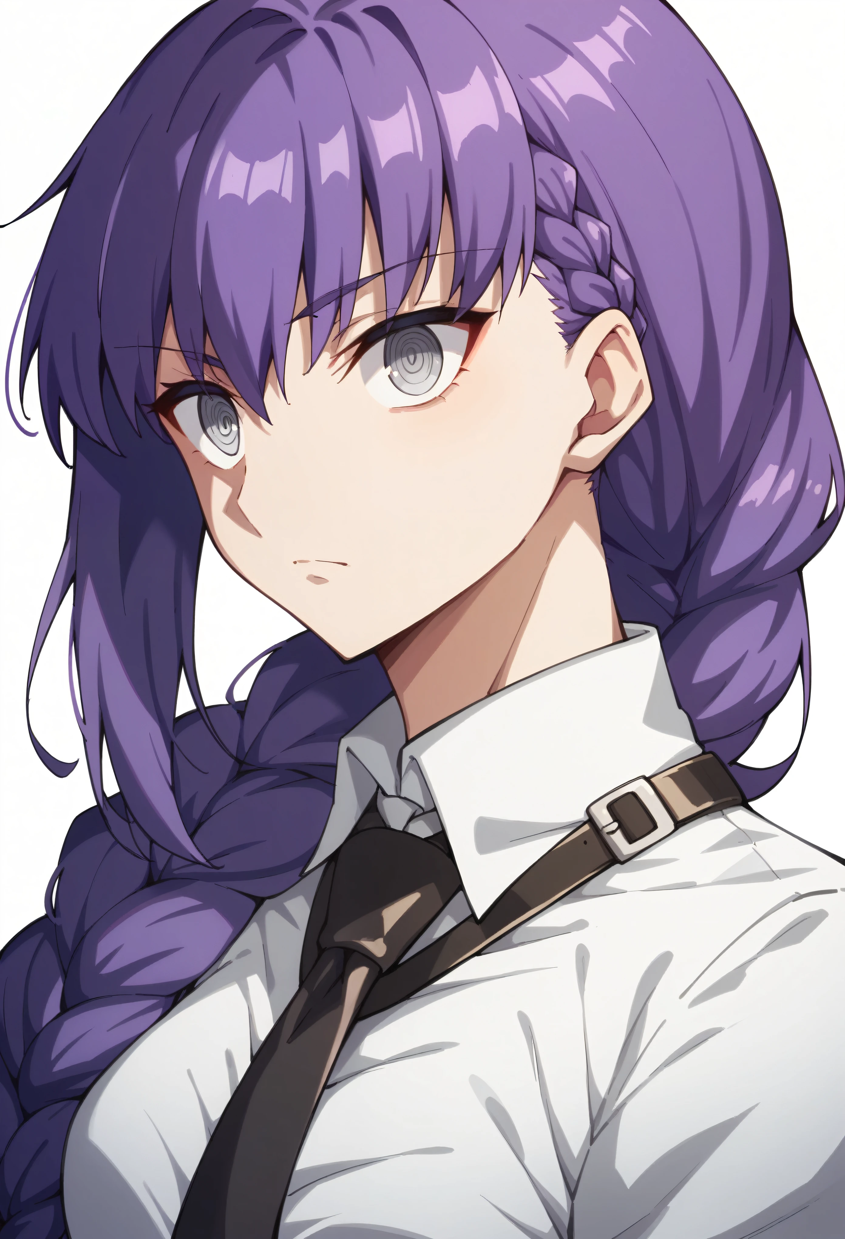 fsn_ubw_style, fgo, 1girl, solo, solo focus, silver eyes, ringed eyes, sharp eyes, mystic eyes of death perception, purple hair, braided ponytail, side-bangs, white shirt, necktie, black pants, leather belt, brown shoes, white background, simple background, portrait, shadow, shading,