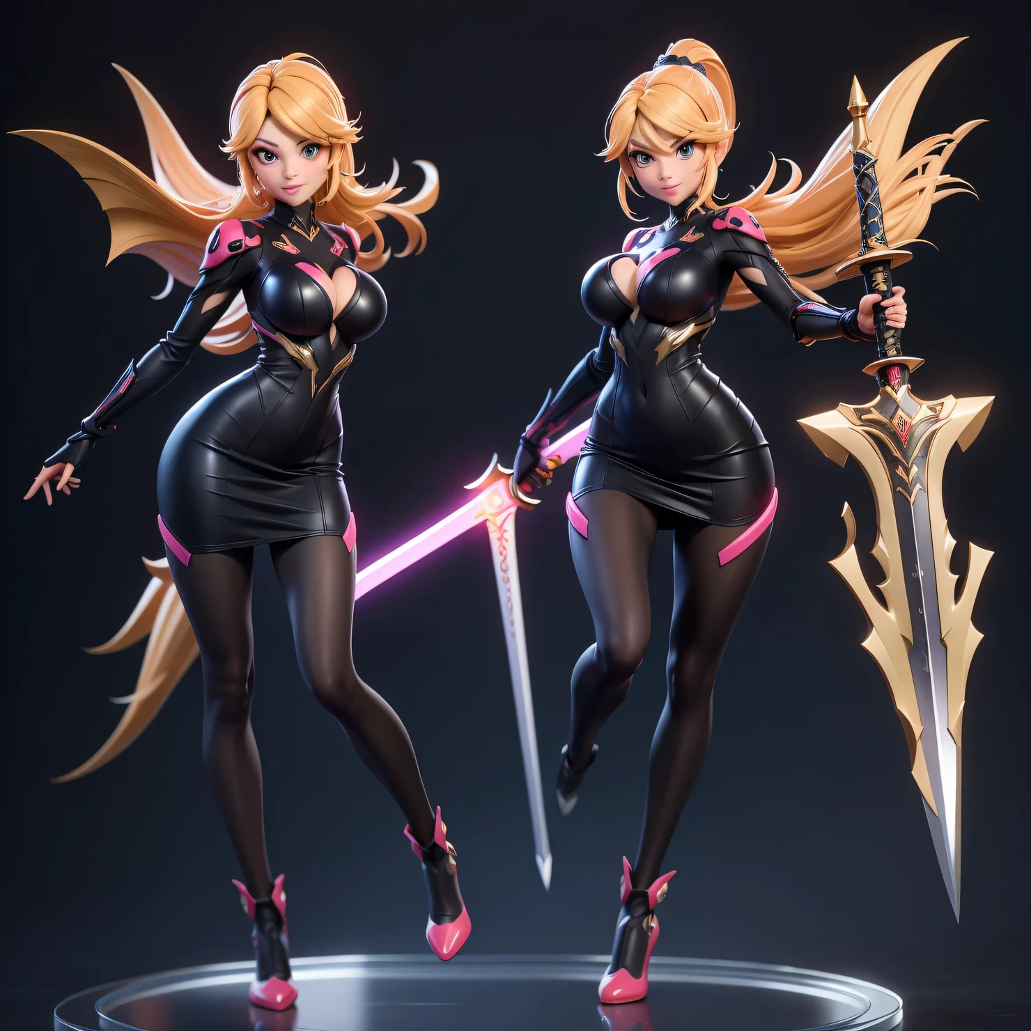 Mini Dragon, alone, Ray Tracing, Estilo 3D, 3DMM, whole body, (bodysuit swing),(Dark dress), Overall view,((Pose for each photo)), Overall view, Hearts of the Kingdom-style outfit,((1 personのポーズ)), Overall view, Metroid, ((With a futuristic sword)),Ultra-Realistic Skin, (Big Breasts)、1 person