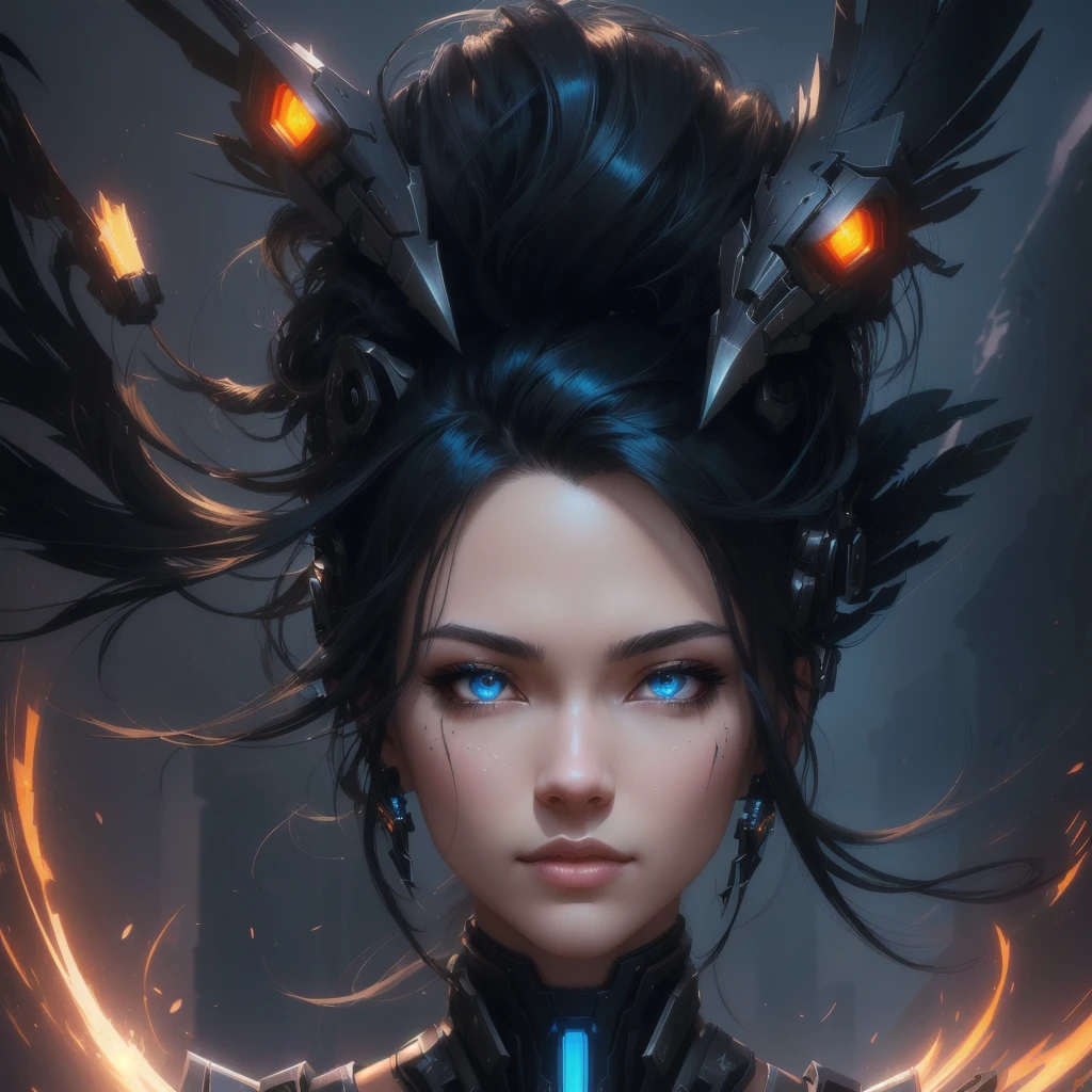 mecha raven style hairs, steel mechanical raven head with hairs, sci-fi, a close up of a woman - sci-FI  with a sci fiorer on her face, Mechanical raven IN HAIRS, glowing light feathers in hairs, fiol glowing eyes, hd , cinematic, cinematic light, dinamic, rossdraws portrait, fantasy concept art portrait, wojtek fus, rossdraws 2. 0, rossdraws 1. 0, rossdraws digital painting, epic fantasy digital art style, cgsociety portrait, rossdraws global illumination, :: rossdraws, alexandra fomina artstation