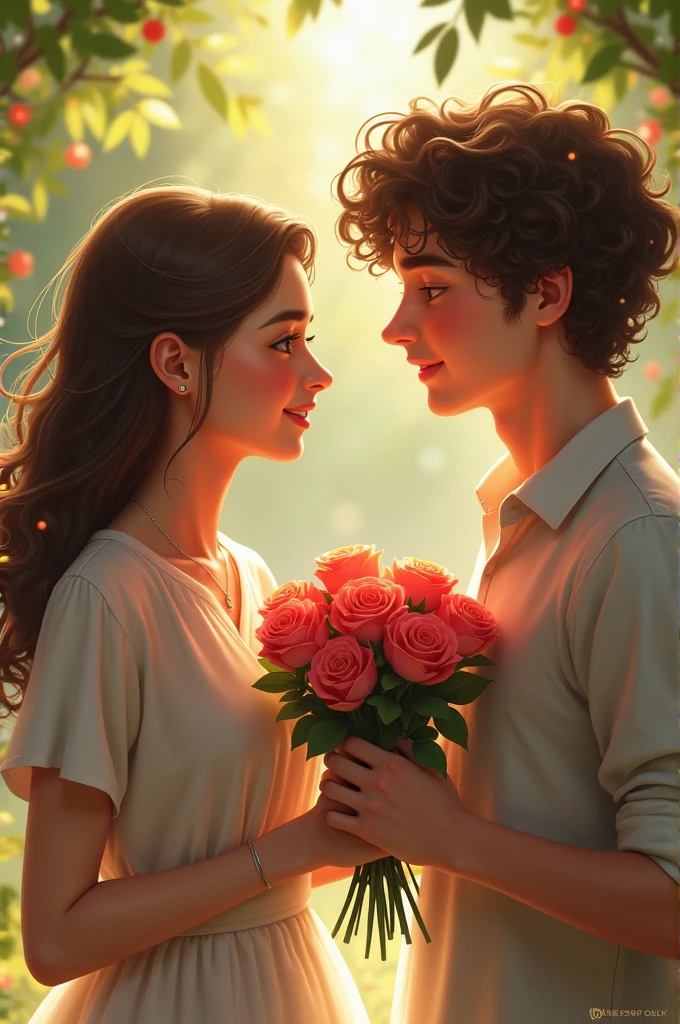 Young woman receiving roses from a young curly hai man